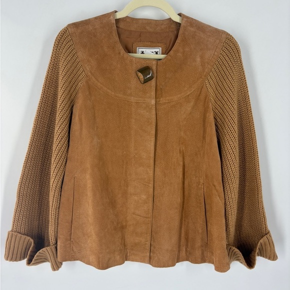 Jackets & Blazers - AMI Womens Suede Leather Jacket Size M Brown Hidden Snaps Knit Sleeves